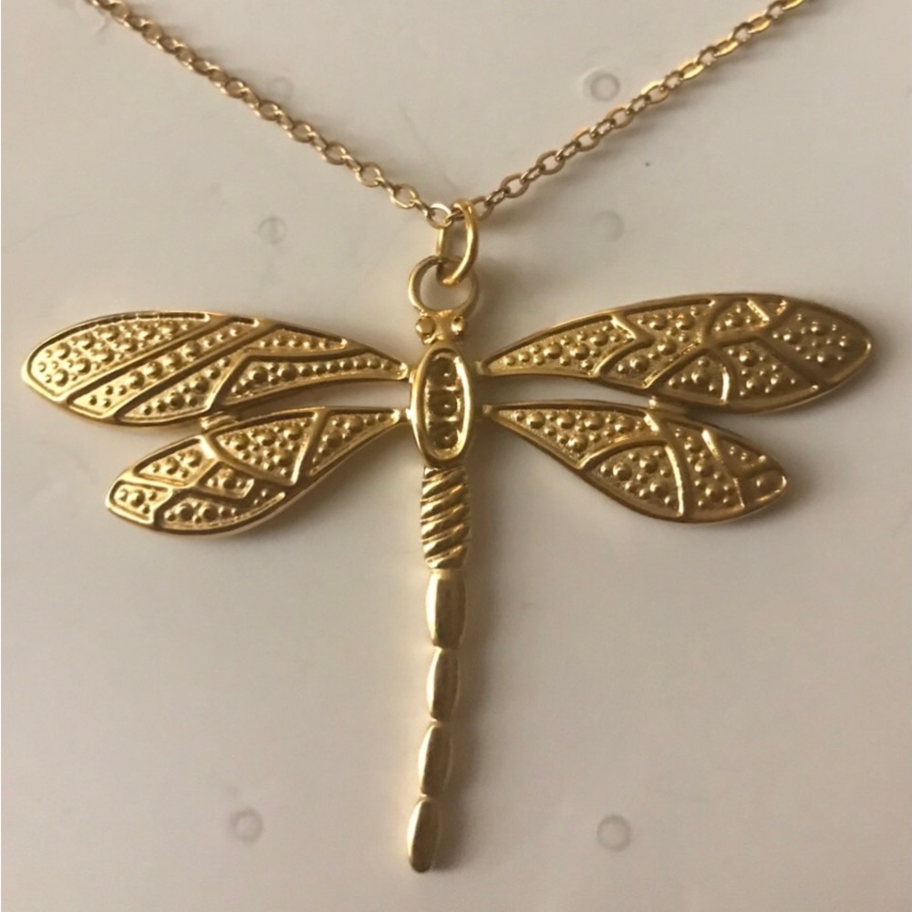 “Ornate Dragonfly” Damselfly Firefly Nymph Insect Studded Veined Wings Necklace - Picture 13 of 15
